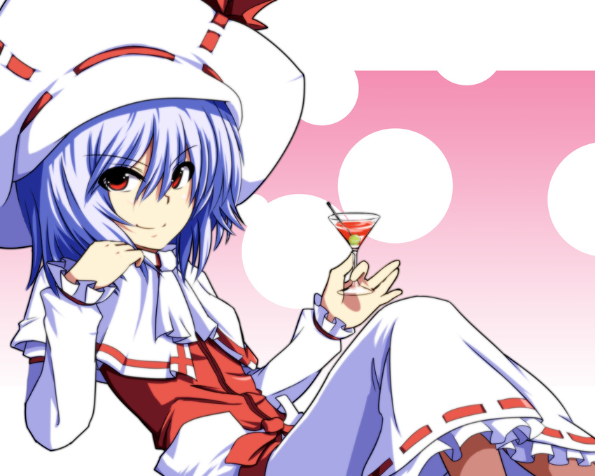 &gt;:) ascot blue_hair capelet curiosities_of_lotus_asia drink hat leon_(mikiri_hassha) martini no_wings red_eyes remilia_scarlet short_hair skirt smile solo touhou v-shaped_eyebrows