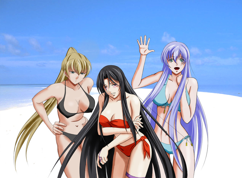 3girls athena athena_(saint_seiya) beach bikini black_hair blonde_hair blush breasts crane_yuzuriha erect_nipples female hands_on_hips large_breasts long_hair lost_canvas marishiten midriff multiple_girls open_mouth pandora pandora_(saint_seiya) ponytail purple_hair saint_seiya saint_seiya:_the_lost_canvas saint_seiya_the_lost_canvas sasha sasha_(saint_seiya) sasha_(saint_seiya:_the_lost_canvas) smile swimsuit very_long_hair yuzuriha