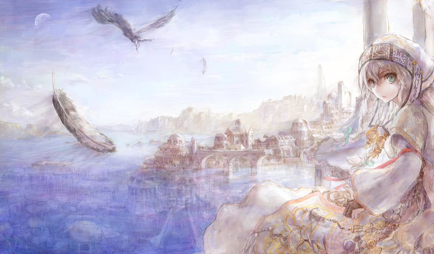 aqua_eyes bird braid cityscape feathers original robe ruins scenery sky solo tori_(qqqt) twin_braids white_hair