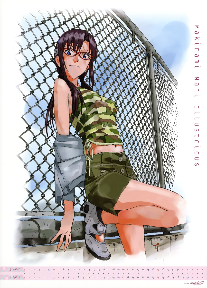 absurdres april breasts calendar_(medium) casual chain-link_fence fence glasses highres honda_takeshi long_hair makinami_mari_illustrious march medium_breasts neon_genesis_evangelion no_socks rebuild_of_evangelion scan solo