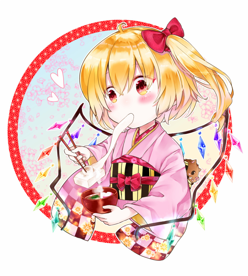 1girl ahoge alternate_costume bangs blonde_hair blush boar bowl chibi chinese_zodiac chopsticks commentary_request cropped_torso crossed_bangs eating eyebrows_visible_through_hair eyes_visible_through_hair flandre_scarlet floral_background frame gem gradient gradient_background gradient_eyes hair_ribbon heart highres holding holding_bowl holding_chopsticks japanese_clothes kimono long_sleeves looking_away miso_soup mochi multicolored multicolored_eyes obi one_side_up out_of_frame pink_kimono red_ribbon ribbon sash short_hair solo tareme touhou upper_body wide_sleeves wings year_of_the_pig yurara_(aroma42enola)