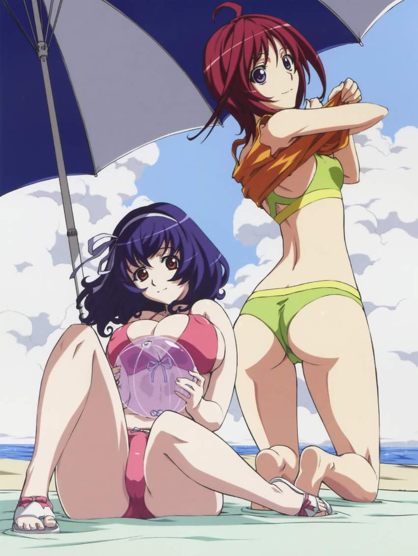 absurdres artist_request ass ball beach beach_umbrella beachball bikini breasts cleavage day front-tie_top hairband highres kneeling large_breasts long_hair looking_back multiple_girls oribe_mafuyu parasol purple_eyes red_eyes red_hair sandals seikon_no_qwaser short_hair sitting swimsuit umbrella undressing yamanobe_tomo