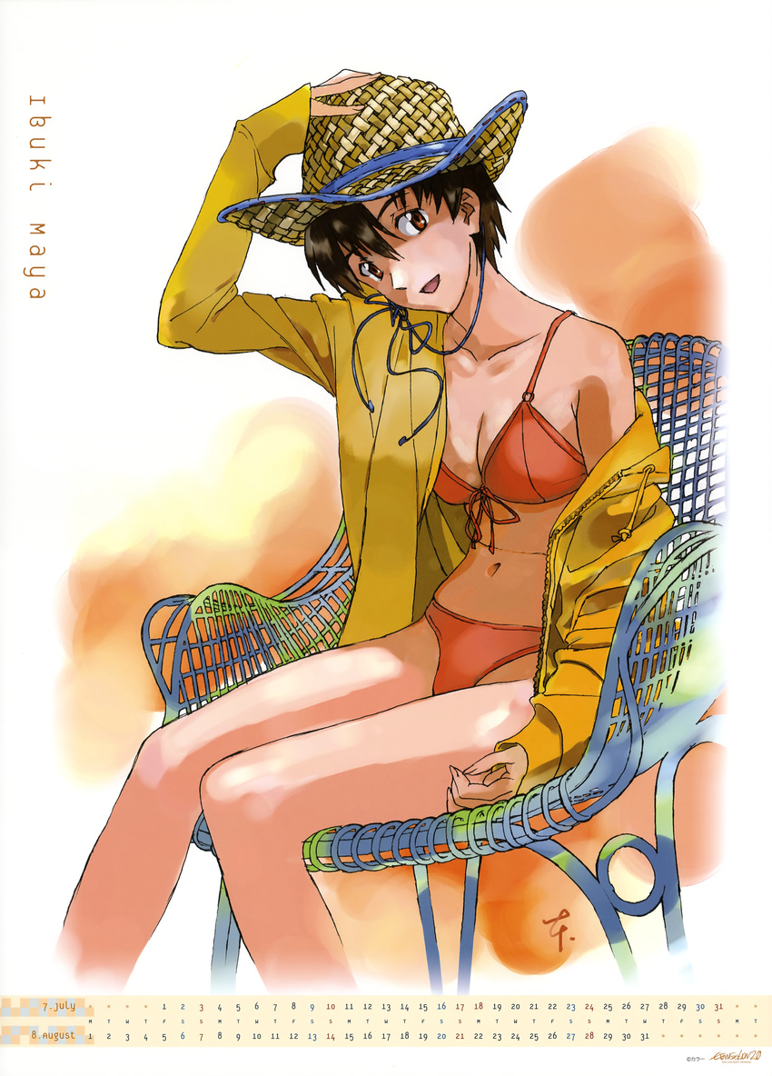 absurdres august bikini bikini_under_clothes breasts brown_eyes brown_hair calendar_(medium) chair character_name cleavage copyright_name front-tie_top hand_on_headwear hat head_tilt highres honda_takeshi ibuki_maya jacket july medium_breasts navel neon_genesis_evangelion o-ring o-ring_top off_shoulder official_art open_mouth orange_bikini short_hair sitting solo straw_hat swimsuit swimsuit_under_clothes wicker_furniture