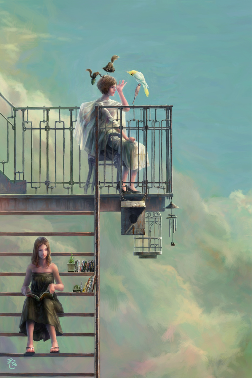 acorn ag+_(atelieriji) bird birdcage book brown_hair cage chair cloud cockatiel day dress hand_mirror highres horns making_of mirror multiple_girls original plant potted_plant reading realistic scenery shoes signature sitting sky squirrel stairs surreal wind_chime