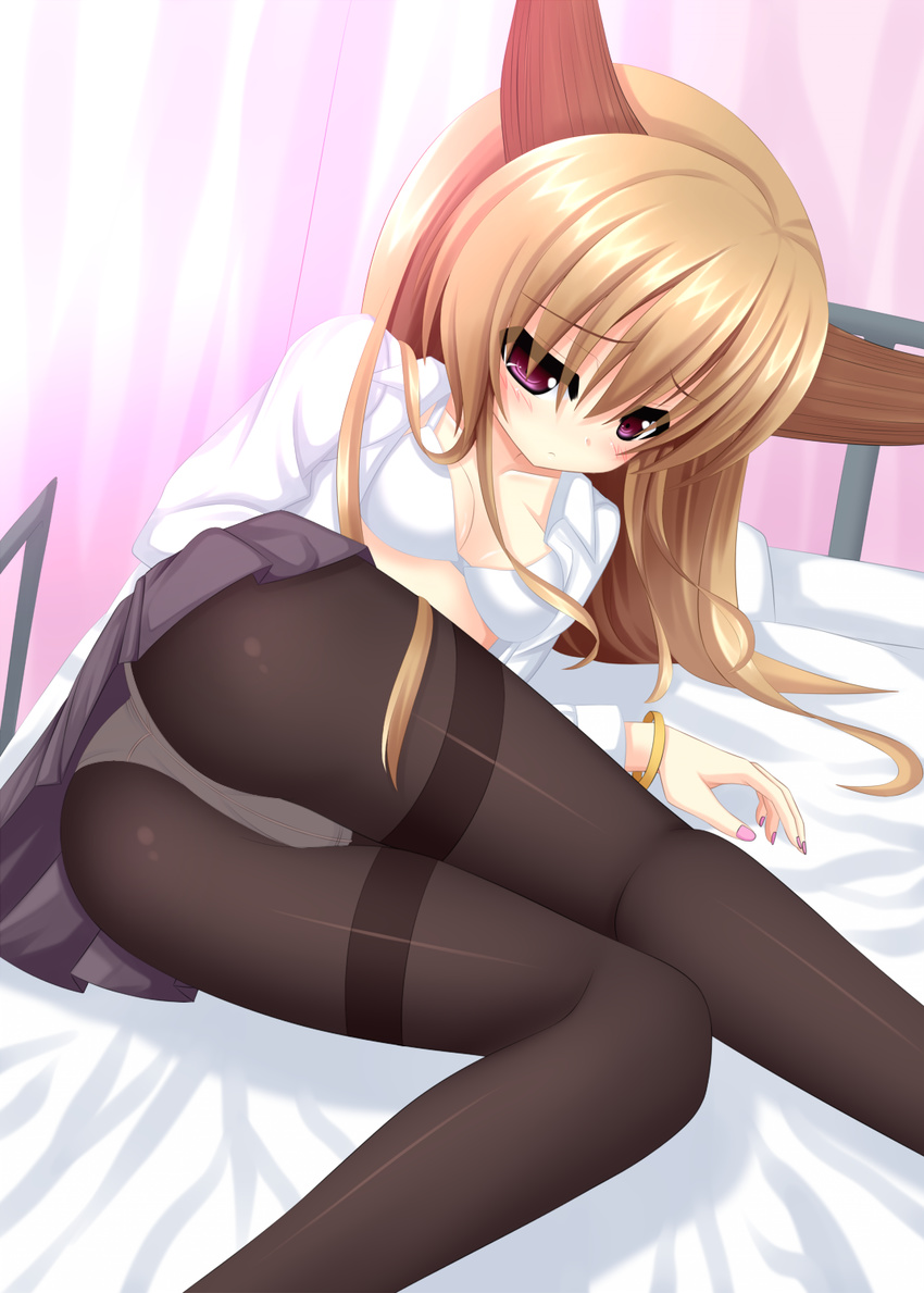 ass bed blonde_hair bra dress_shirt highres horns ibuki_suika lingerie long_hair lying open_clothes open_shirt panties panties_under_pantyhose pantyhose purple_eyes shirt solo thighband_pantyhose touhou underwear yoye_(pastel_white)