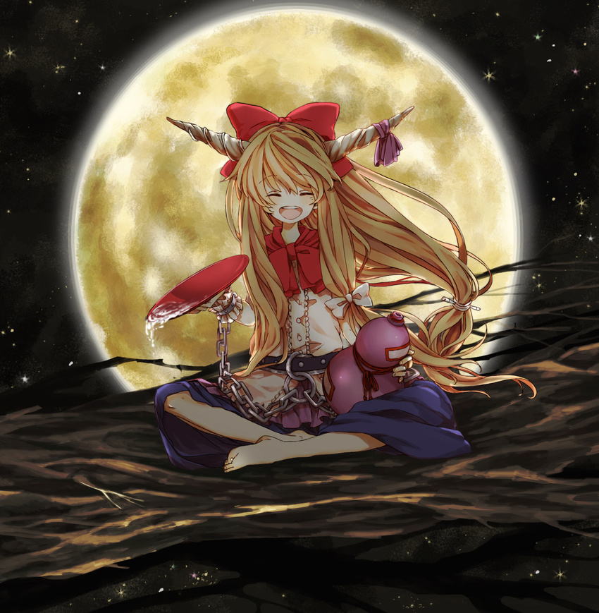 alcohol barefoot belt blonde_hair chain closed_eyes cuffs cup feet full_moon gourd hair_ribbon highres horns ibuki_suika long_hair moon moonlight night night_sky ogi_(sham00) open_mouth ribbon sakazuki sake sitting sky smile solo star_(sky) starry_sky touhou very_long_hair wrist_cuffs