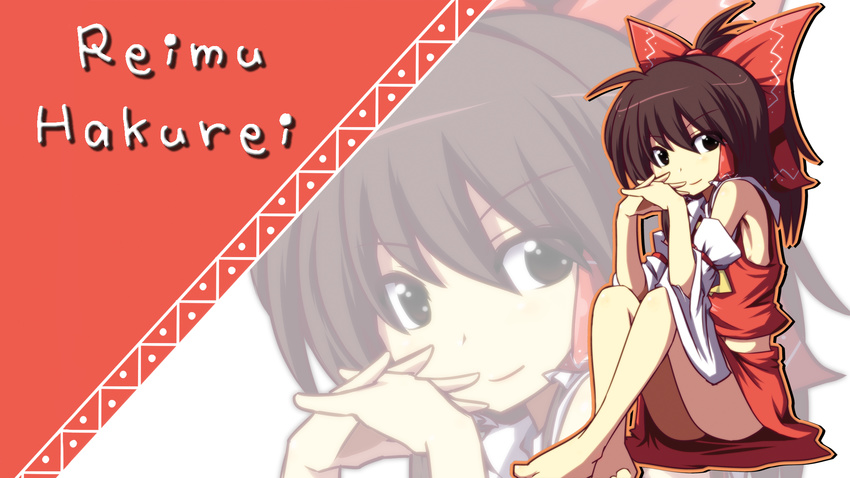 armpits ascot barefoot black_eyes bow brown_hair character_name crossed_legs hair_bow hakurei_reimu hands_clasped highres leon_(mikiri_hassha) midriff no_bra own_hands_together ponytail sitting solo touhou zoom_layer