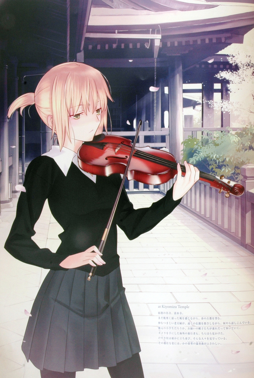 absurdres blonde_hair cherry_blossoms green_eyes highres instrument kyoto original pantyhose pullover real_world_location shirt short_ponytail skirt solo takeuchi_takashi violin