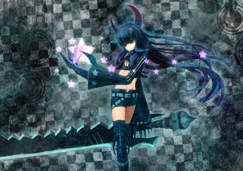 bikini_top black_gold_saw black_hair black_rock_shooter coat horns huge_weapon king_saw long_hair midriff pinfan red_eyes shorts smile solo star weapon