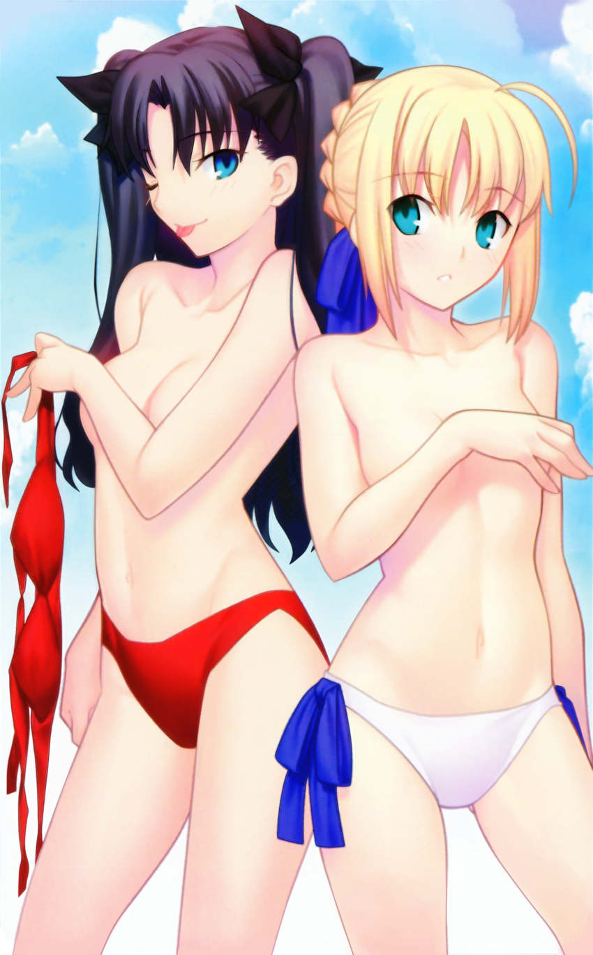 ;p absurdres artoria_pendragon_(all) ass_visible_through_thighs bikini bikini_top_removed black_ribbon blonde_hair blue_eyes blue_ribbon blush breast_hold breasts brown_hair cloud cloudy_sky collarbone covering covering_breasts day fate/stay_night fate_(series) green_eyes hair_ribbon highres looking_at_viewer medium_breasts multiple_girls navel non-web_source official_art one_eye_closed outdoors parted_lips red_bikini ribbon saber side-tie_bikini sky small_breasts swimsuit takeuchi_takashi tongue tongue_out toosaka_rin topless two_side_up white_bikini_bottom