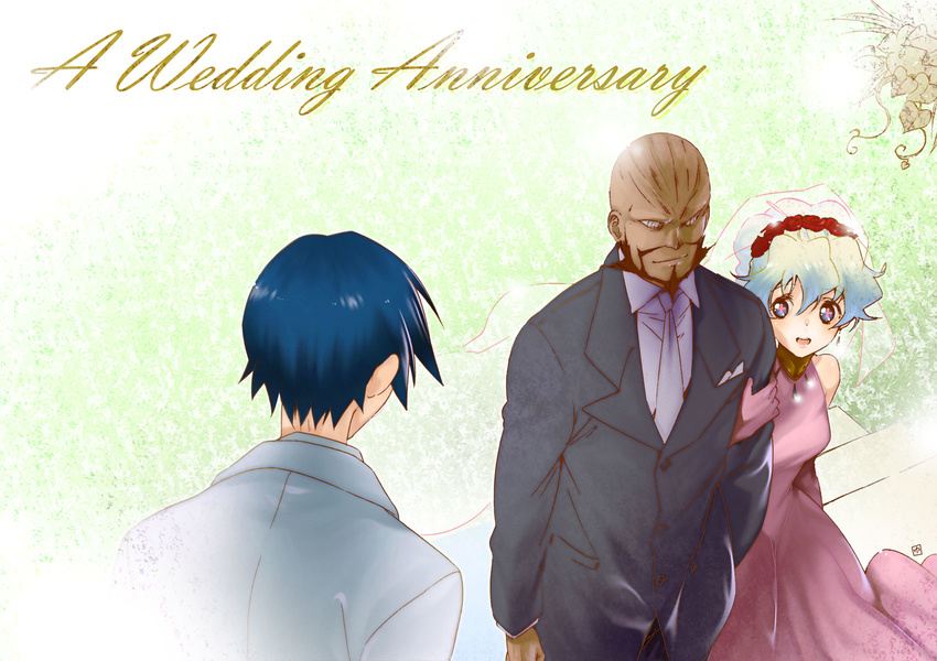 1girl 2boys bald blue_hair dress father_and_daughter highres locked_arms lordgenome multicolored_hair multiple_boys nia_teppelin pink_dress pink_wedding_dress simon tengen_toppa_gurren_lagann veil wedding wedding_dress yukimitsuki