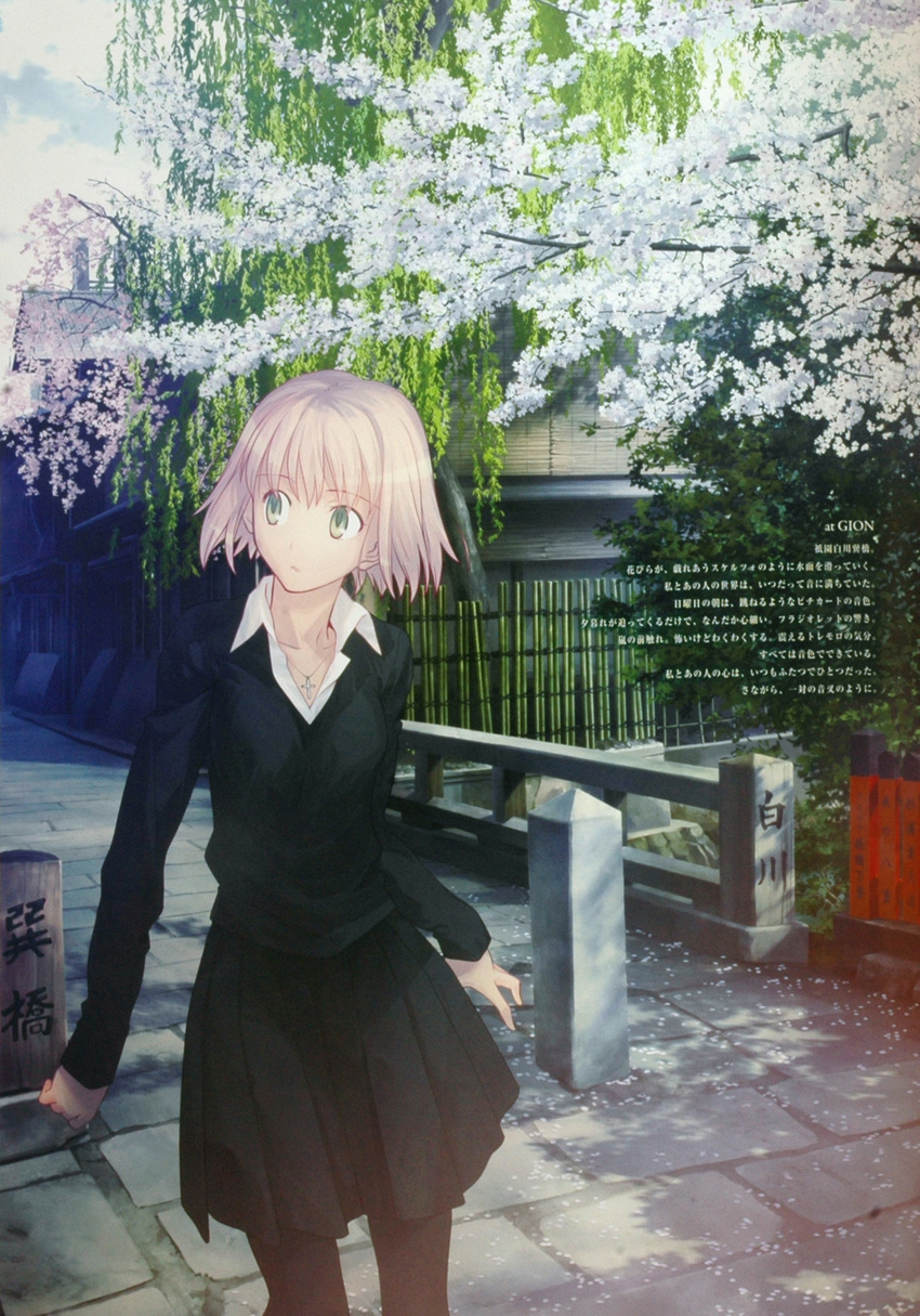 absurdres bamboo blonde_hair bridge building green_eyes highres jewelry kyoto original pantyhose real_world_location shirt skirt solo takeuchi_takashi tree