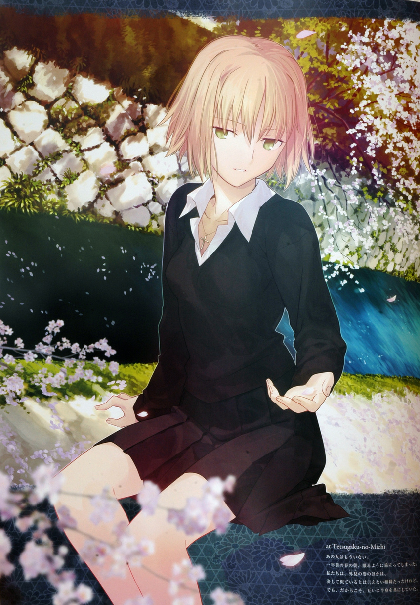 absurdres blonde_hair cherry_blossoms green_eyes highres jewelry kyoto original philosopher's_walk river shirt sitting skirt solo takeuchi_takashi tree