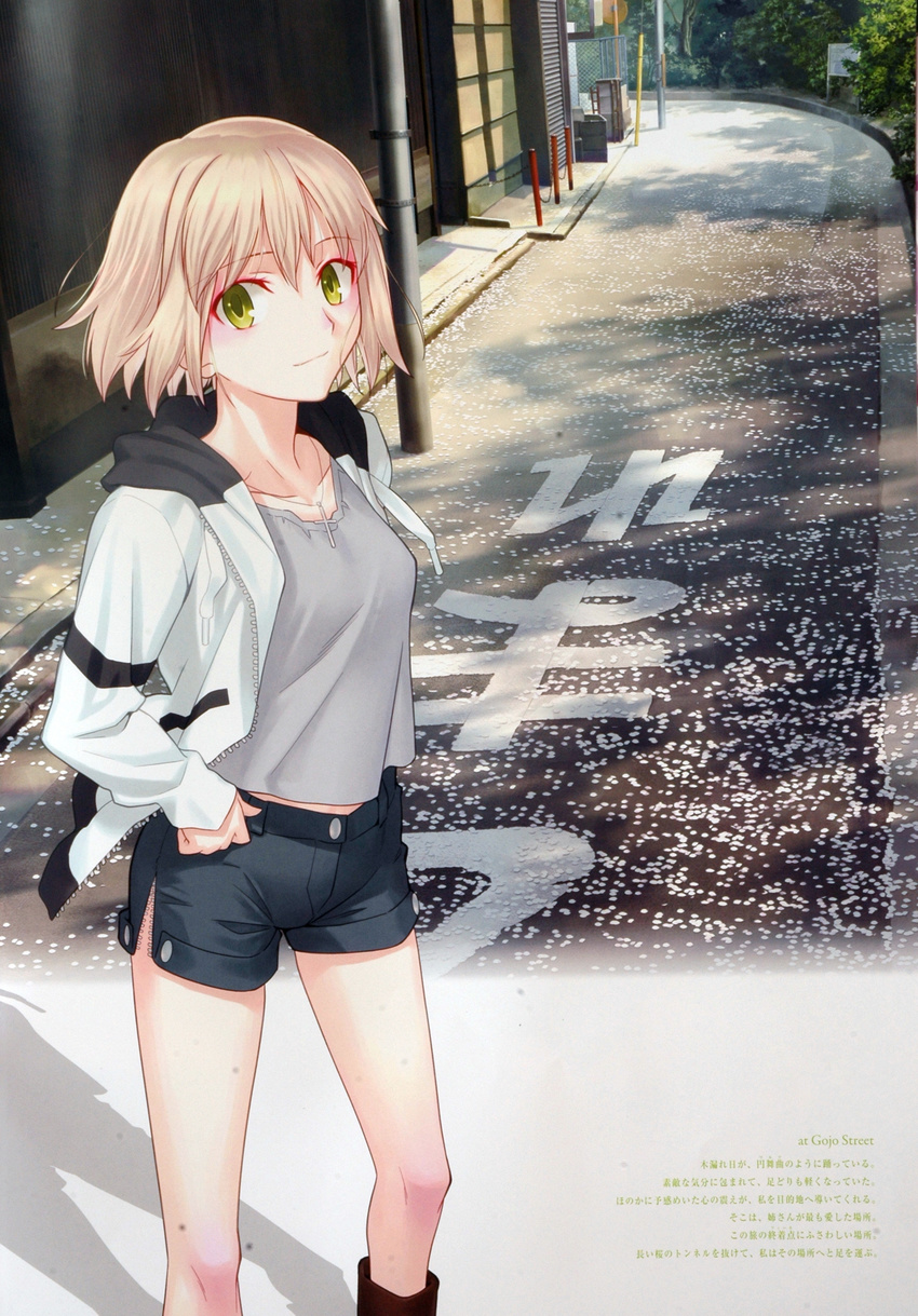 absurdres blonde_hair boots building cherry_blossoms cross eyeshadow flat_chest green_eyes hand_on_hip highres hood hood_down hoodie jacket jewelry kyoto legs makeup necklace open_clothes open_jacket original outdoors photo_background road scan shadow short_hair short_shorts shorts smile solo standing street takeuchi_takashi translation_request unzipped