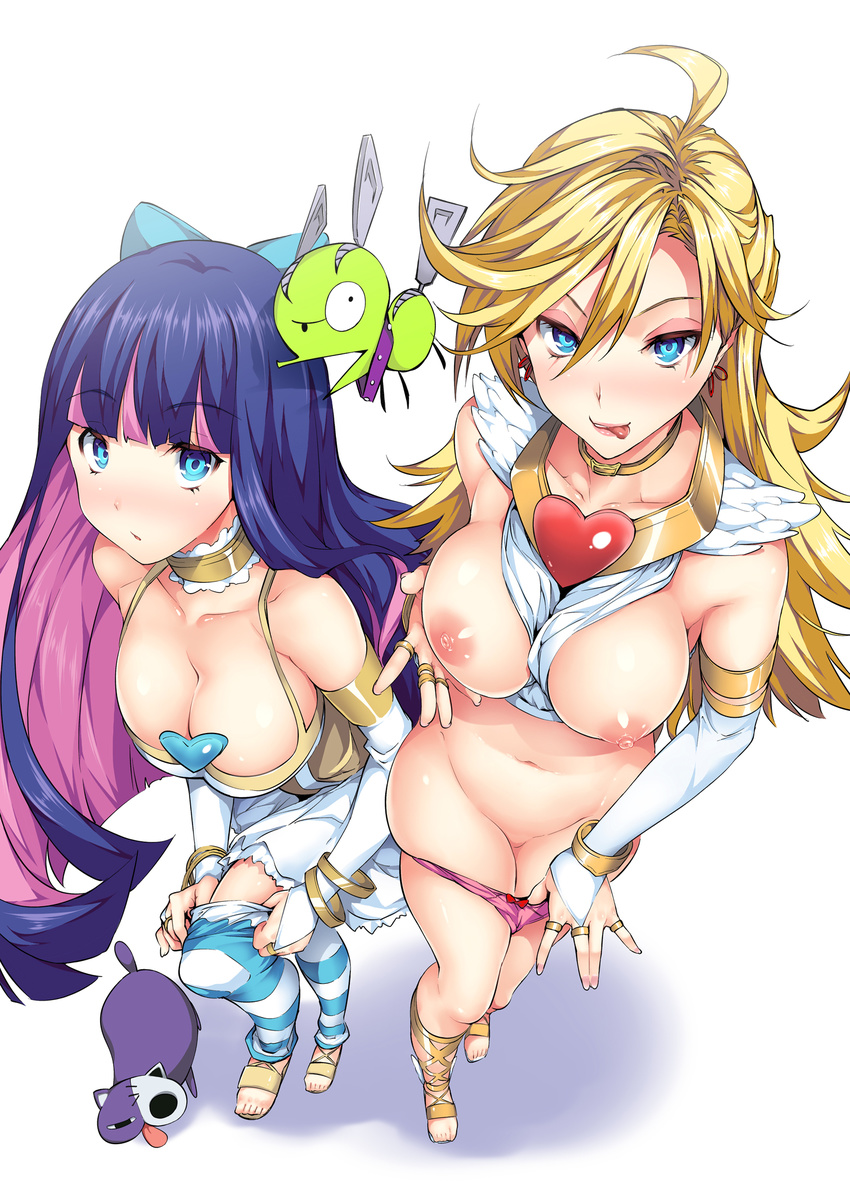 areolae bad_id bad_pixiv_id blonde_hair blue_eyes bow bracelet breasts breasts_outside bridal_gauntlets choker chuck_(psg) cleavage covered_nipples from_above hair_bow highres honekoneko_(psg) jewelry large_breasts legs long_hair multicolored_hair multiple_girls naughty_face nipples panties panty_&amp;_stocking_with_garterbelt panty_(psg) panty_pull stocking_(psg) striped striped_legwear thighhighs tongue tosh_(imonade_ryouchou) two-tone_hair underwear undressing