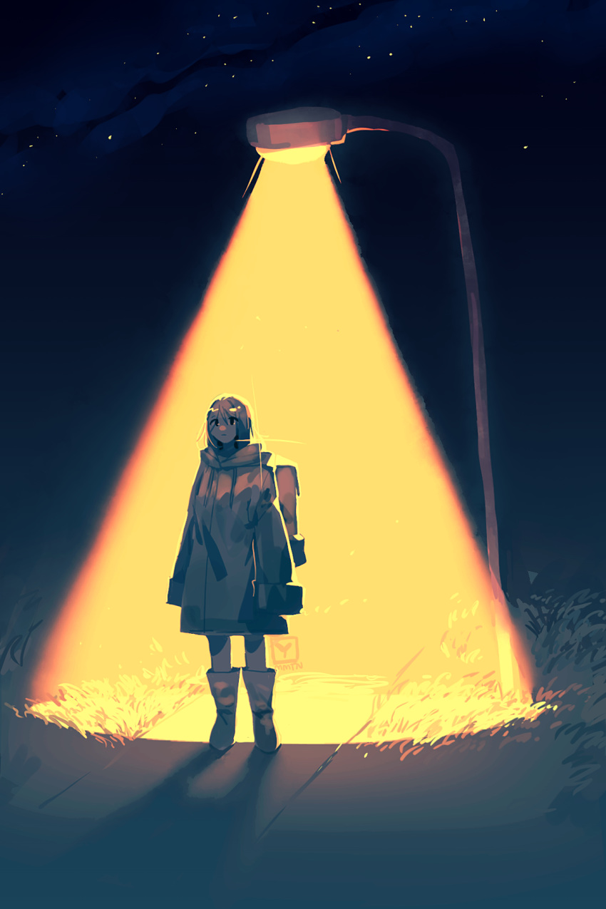 1girl backpack bag black_eyes boots brown_hair closed_mouth eyebrows_visible_through_hair eyes_visible_through_hair grass highres jacket lamp lamppost light long_sleeves medium_hair mncpa night night_sky original shadow signature sky solo sparkle standing star star_(sky) starry_sky