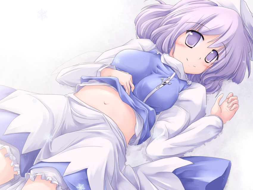 breasts hat highres large_breasts lavender_hair letty_whiterock lying lzh midriff navel on_back polearm purple_eyes short_hair smile snow snowflakes solo touhou trident weapon