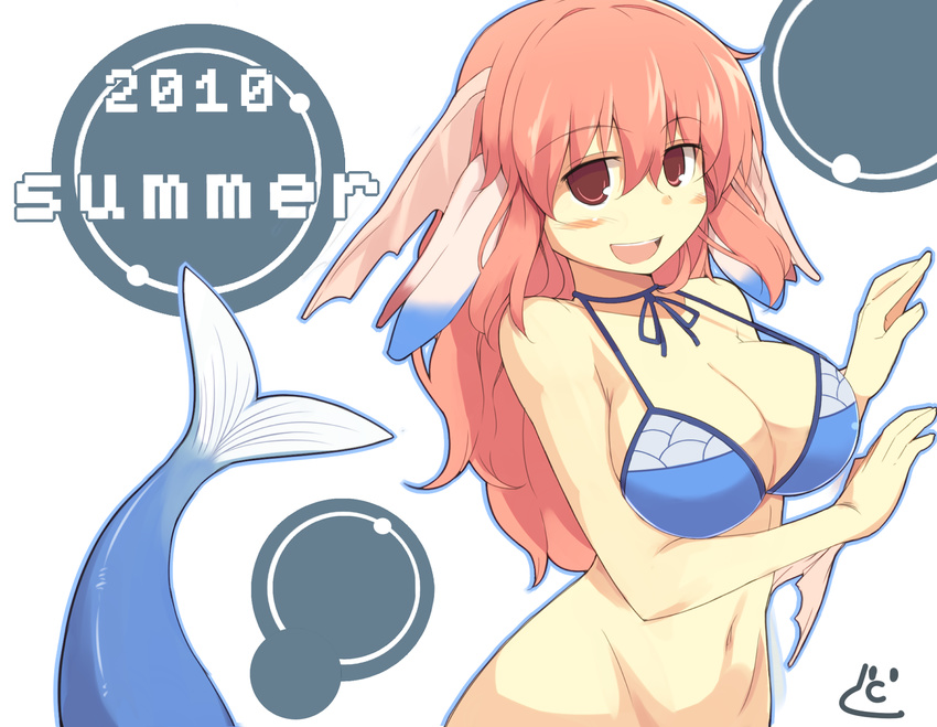 2010 :d bad_id bad_pixiv_id bikini_top breasts cleavage curvy groin hair_between_eyes head_fins large_breasts long_hair looking_at_viewer mermaid midriff monster_girl nantacky2000 navel open_mouth persia_(rune_factory) pink_eyes pink_hair rune_factory rune_factory_3 smile solo tail white_background