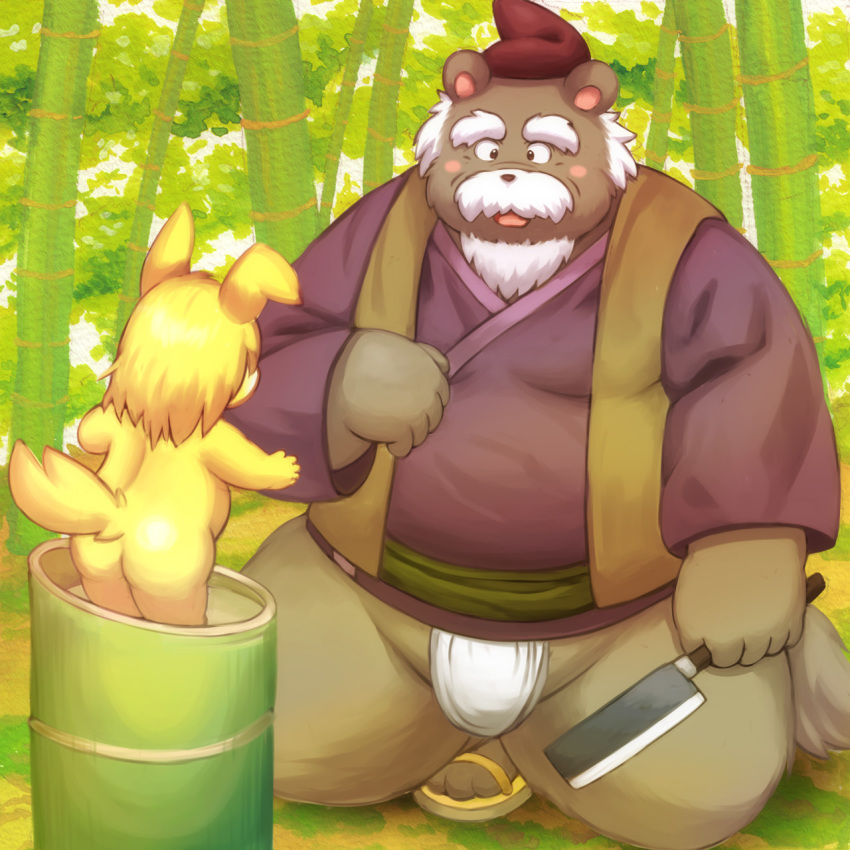 2016 anthro bamboo belly blush butt clothing duo fundoshi fur hat humanoid_hands japanese_clothing lako male mammal outside overweight overweight_male robe underwear ursid yellow_fur young