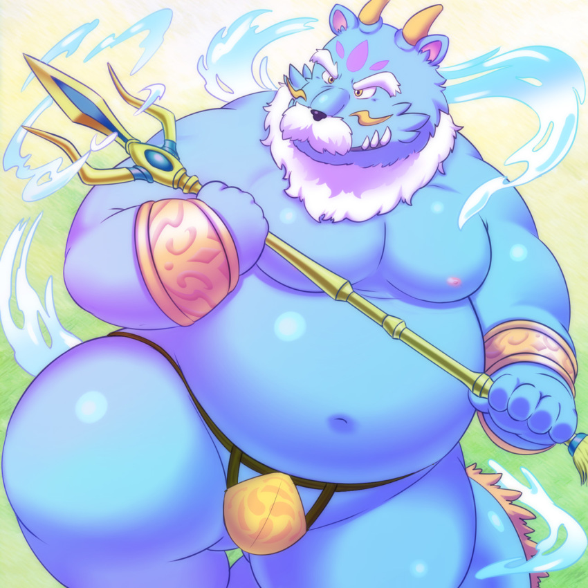 2015 anthro belly blue_fur clothing dragon fundoshi fur humanoid_hands japanese_clothing lako male moobs navel nipples overweight overweight_male solo underwear water