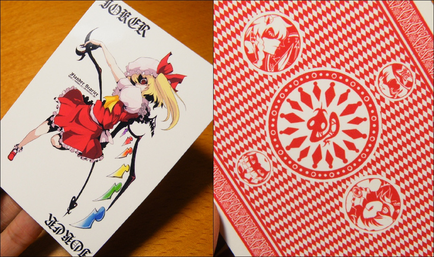 blonde_hair card card_(medium) flandre_scarlet hat holding holding_card hong_meiling izayoi_sakuya laevatein oso_(toolate) patchouli_knowledge photo poker red_eyes remilia_scarlet solo touhou wings