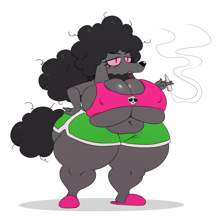 2018 anthro belly big_breasts big_butt big_thighs biped black_hair black_nose breasts butt canid canine canis clothed clothing crop_top deep_navel digital_media_(artwork) domestic_dog drugs female hair hand_on_hip hi_res huge_breasts huge_hips mammal marijuana midriff navel nipple_bulge open_mouth overweight overweight_female pink_sclera poodle shirt short_stack shorts simple_background slippers solo sssonic2 tank_top thick_thighs under_boob voluptuous white_background wide_hips zini_(sssonic2)