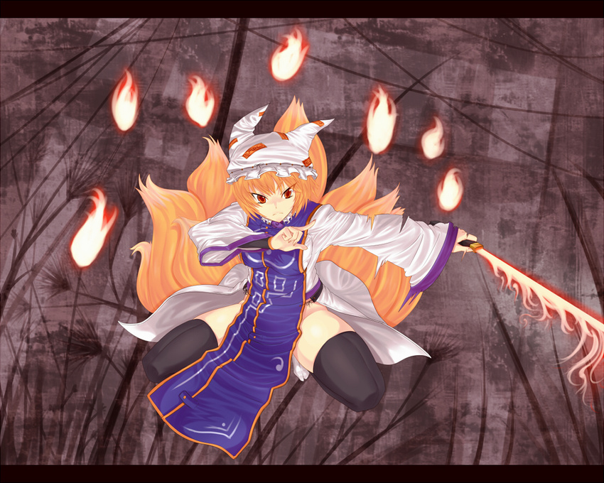 bad_id bad_pixiv_id black_legwear blonde_hair fire fox_tail hat letterboxed multiple_tails onsen_nakaya red_eyes solo sword tail thighhighs touhou weapon yakumo_ran