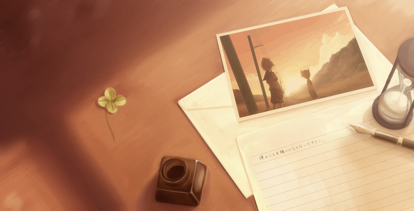 child clover four-leaf_clover highres hirobakar hourglass inkwell kagamine_len landscape letter male_focus multiple_boys paper pen photo_(object) time_paradox vocaloid younger