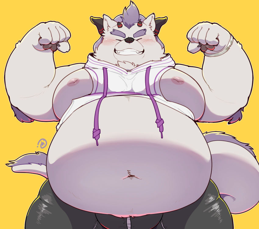 2019 anthro behemoth_(housamo) belly blush clothing eyes_closed horn humanoid_hands male monster moobs navel nipples overweight overweight_male pants quanjiang simple_background solo teeth tokyo_afterschool_summoners video_games yellow_background 犬酱