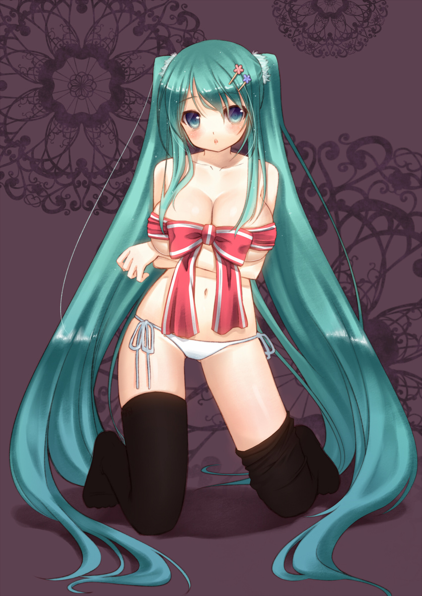 aqua_eyes aqua_hair bad_id bad_pixiv_id black_legwear bow breasts hair_ornament hairclip hatsune_miku highres huge_breasts long_hair nana_mikoto navel panties ribbon side-tie_panties solo thighhighs twintails underwear underwear_only very_long_hair vocaloid white_panties