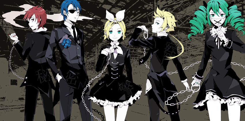 3girls aqua_eyes aqua_hair blonde_hair blue_eyes blue_hair bow brown_hair chain chilbok cuffs dress drill_hair eyepatch flower formal frills hair_bow handcuffs hatsune_miku himitsu_keisatsu_(vocaloid) kagamine_len kagamine_rin kaito long_hair looking_at_viewer mask meiko multiple_boys multiple_girls necktie pale_skin red_eyes scar short_hair skirt smile suit surgical_mask twin_drills twintails vocaloid