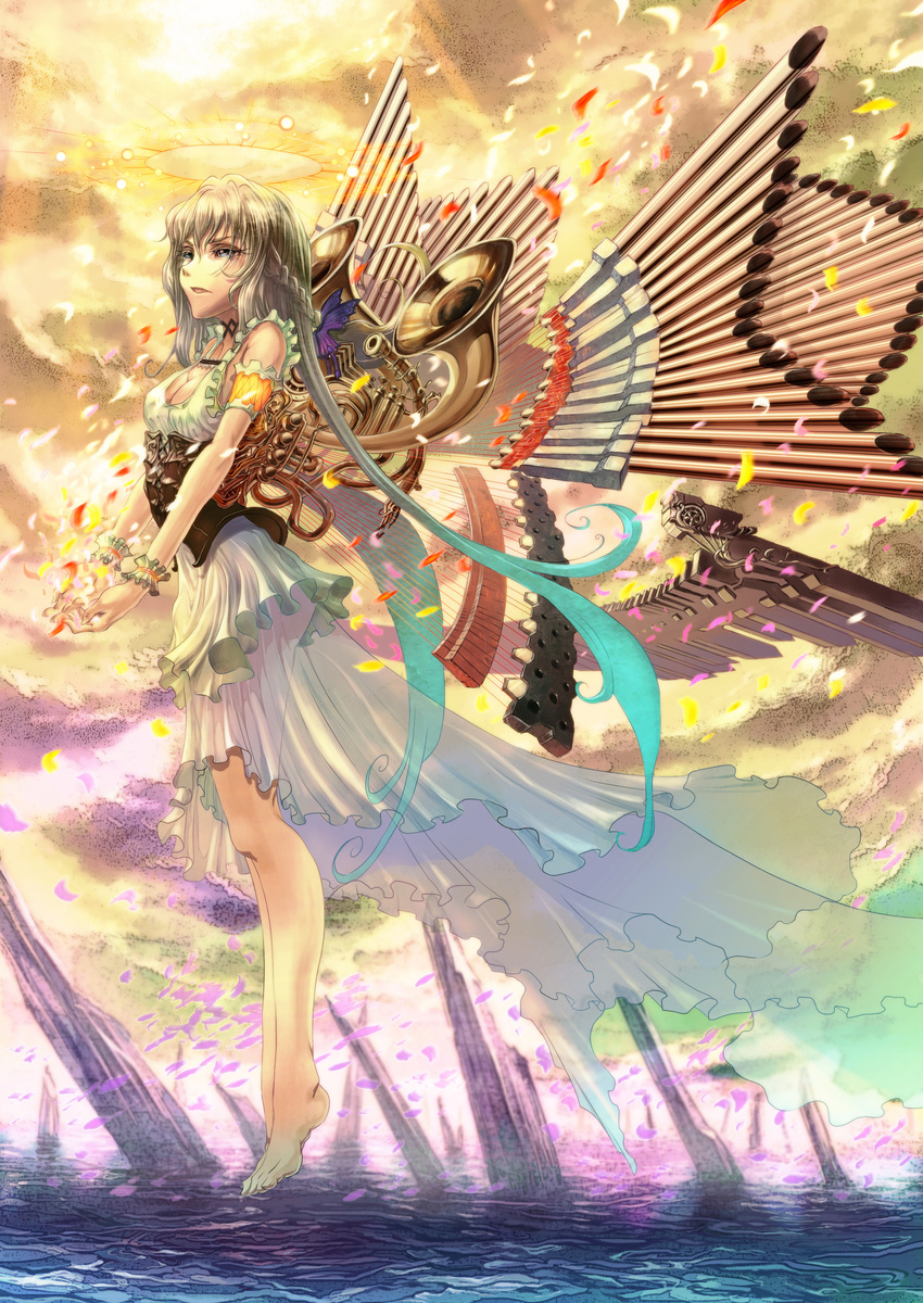 absurdres aqua_hair artifacted_revision bad_revision barefoot blonde_hair breasts cleavage flying highres instrument kopa long_hair md5_mismatch mechanical_wings medium_breasts multicolored_hair original ruins solo water wings