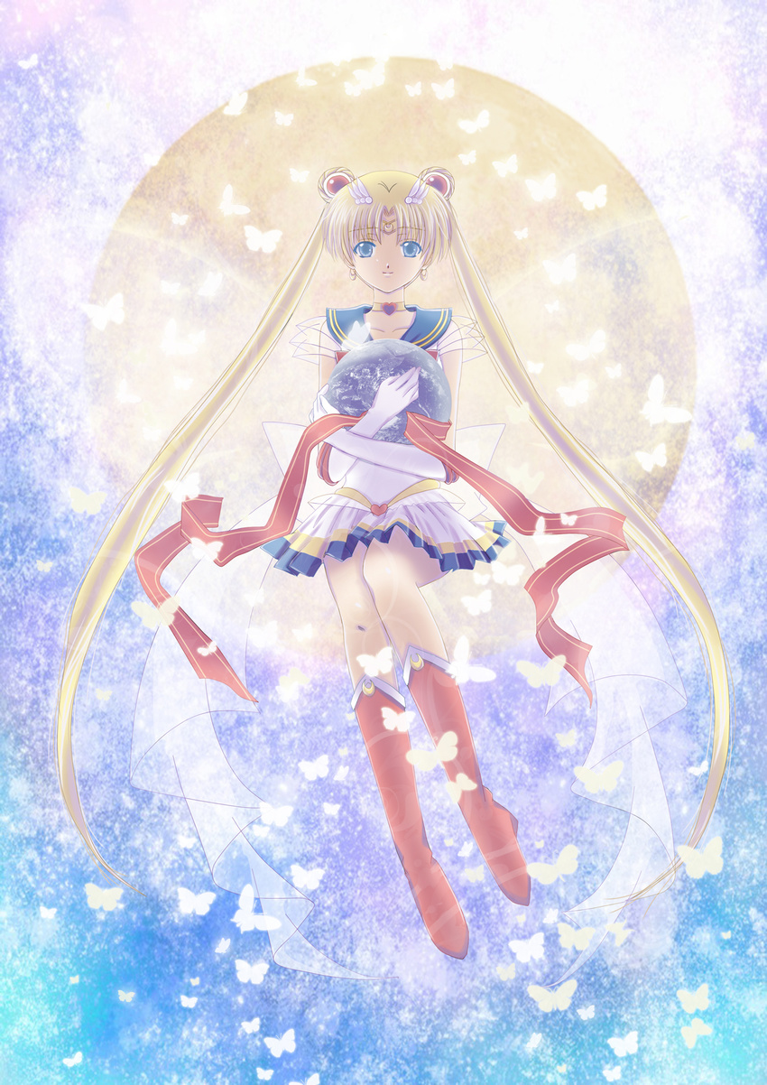 back_bow bishoujo_senshi_sailor_moon blonde_hair blue_eyes blue_sailor_collar boots bow butterfly_wings choker double_bun earth elbow_gloves full_moon gloves heart heart_choker highres hug jewelry knee_boots lazy_orange long_hair magical_girl moon multicolored multicolored_clothes multicolored_skirt red_ribbon ribbon sailor_collar sailor_moon sailor_senshi_uniform skirt solo super_sailor_moon tiara tsukino_usagi twintails white_gloves wings