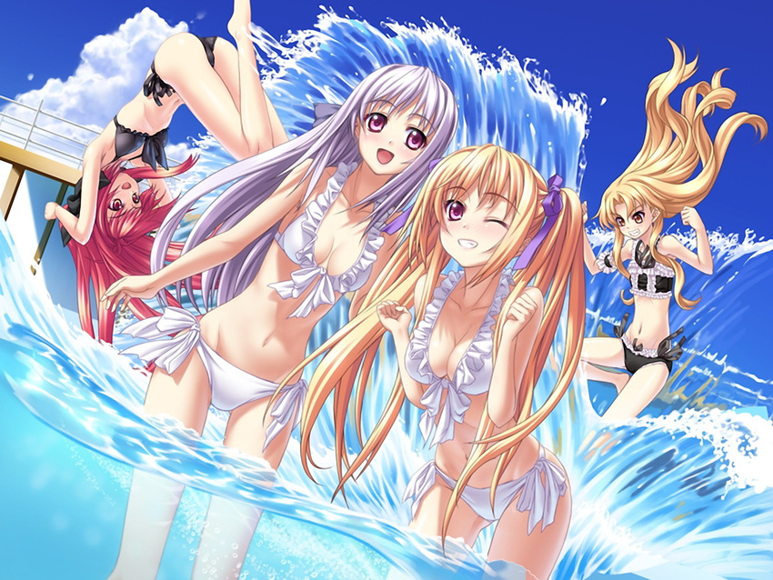 ass bikini blonde_hair breasts cleavage corticarte_apa_lagranges dutch_angle frilled_bikini frills front-tie_top iaritikke_sin_goluot kannatsuki_noboru long_hair medium_breasts multiple_girls navel one_eye_closed purple_eyes purple_hair shinkyoku_soukai_polyphonica side-tie_bikini small_breasts splashing swimsuit twintails upside-down wading yugiri_perserte yugiri_princesca