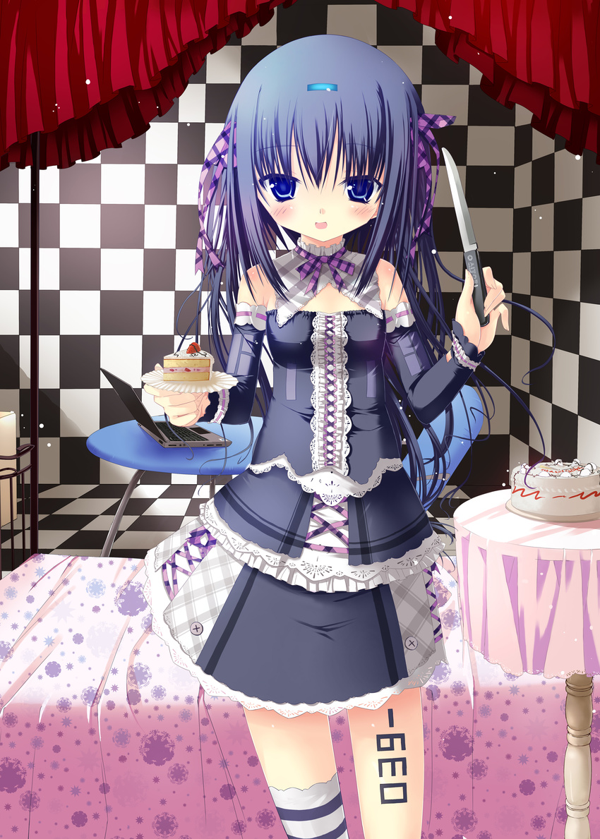 absurdres blue_hair cake checkered checkered_floor computer food hair_ribbon highres knife laptop original ribbon single_thighhigh solo spirtie thighhighs