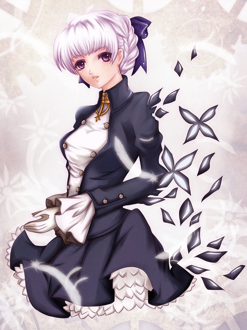 absurdres alice_elliot blue_ribbon bow bow_tie bowtie dress feather feathers female gloves gradient gradient_background hair_bun highres nomura_hayashi purple_eyes ribbon shadow_hearts short_hair silver_hair solo white_background