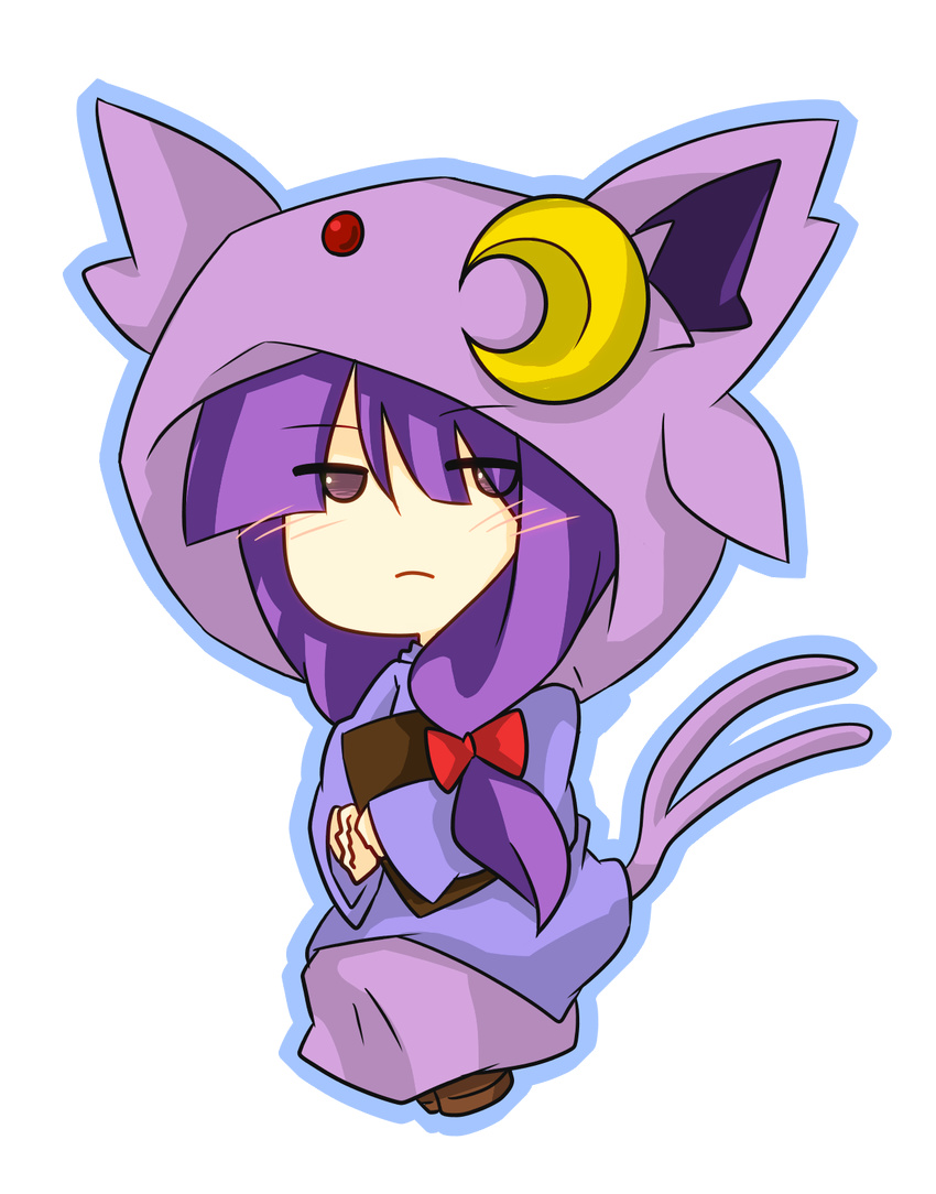 cat_tail chibi cosplay crescent_moon espeon espeon_(cosplay) gen_2_pokemon highres moon multiple_tails patchouli_knowledge pokemon pokemon_(creature) purple_eyes purple_hair solo tail touhou