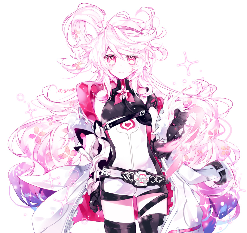 1girl belt black_gloves black_shorts clenched_hand closed_mouth cowboy_shot elsword eternity_winner_(elsword) g_ieep gloves hairband highres jacket laby_(elsword) long_hair looking_at_viewer messy_hair pink_eyes shorts simple_background smile solo white_background white_hair