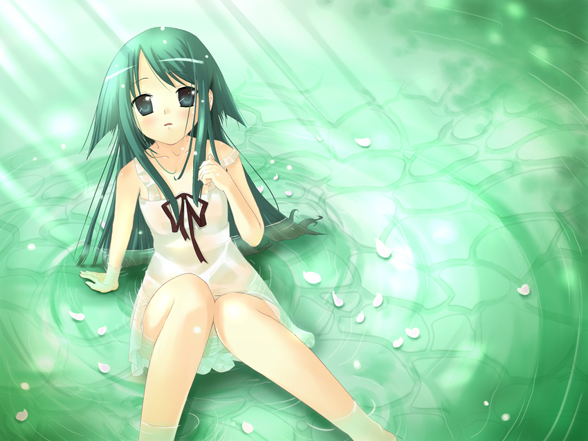 dress flat_chest green_eyes green_hair light_rays petals ribbon ripples saya saya_no_uta solo spirtie strap_slip submerged sunbeam sundress sunlight water