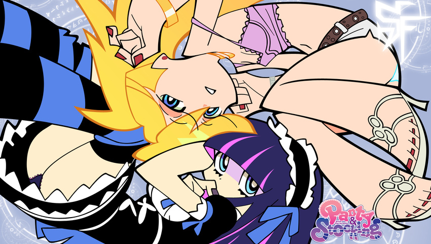 2girls blonde_hair blue_eyes blue_hair gothic_lolita high_heels highres legwear lolita_fashion multiple_girls nail_polish panty_&amp;_stocking_with_garterbelt panty_(character) panty_(psg) pink_hair shoes siblings stiky_finkaz stocking_(character) stocking_(psg) stockings thighhighs vector_trace