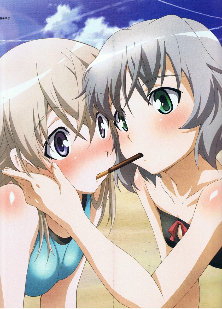 beach blush couple crease cropped day eila_ilmatar_juutilainen food green_eyes highres megami multiple_girls non-web_source pocky pocky_kiss sanya_v_litvyak scan scan_artifacts shared_food short_hair silver_hair strike_witches swimsuit tamura_masafumi world_witches_series yuri