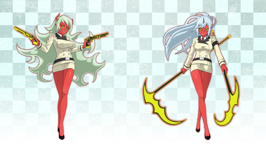 blue_hair demon_girl fang glasses green_hair horns kneesocks_(psg) long_hair multiple_girls panty_&amp;_stocking_with_garterbelt red_skin sayakami_yuuki scanty_(psg) siblings sisters weapon wings