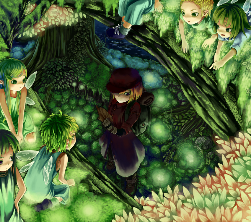 6+girls aratama backpack bad_id bad_pixiv_id bag blonde_hair fairy fairy_wings forest green_hair highres map multiple_girls nature original size_difference tree wings