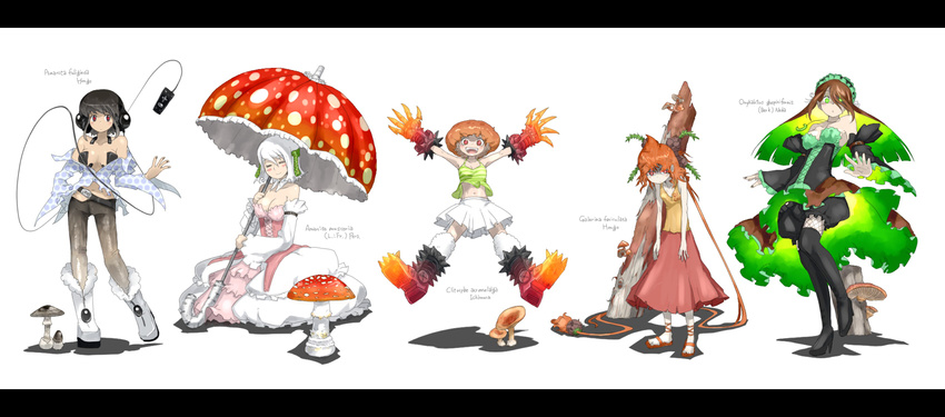 5girls :d afro amanita_fuliginea amanita_muscaria bare_shoulders black_hair black_legwear blush boots breasts brown_hair claws cleavage closed_eyes corset detached_sleeves digital_media_player dress fishnets galerina_fasciculata glowing glowing_eyes green_eyes green_hair hair_over_one_eye hairband halter_top halterneck headphones high_heels highres lineup log long_hair medium_breasts midriff miniskirt multicolored_hair multiple_girls mushroom navel off_shoulder omphalotus_japonicus open_mouth orange_hair oso-teki_kinoko_gijinka_zukan oso_(toolate) pants paralepistopsis_acromelalga personification red_eyes sandals shoes short_hair skirt smile thighhighs umbrella unbuttoned white_hair