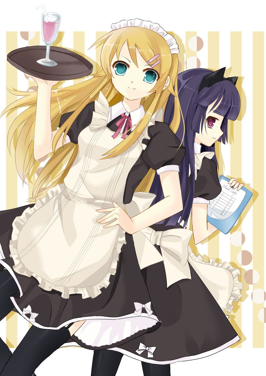 absurdres alternate_costume animal_ears back-to-back bad_id bad_pixiv_id black_hair blonde_hair cat_ears clipboard elise_(piclic) enmaided goblet gokou_ruri green_eyes highres kousaka_kirino maid multiple_girls ore_no_imouto_ga_konna_ni_kawaii_wake_ga_nai pantyhose red_eyes tray