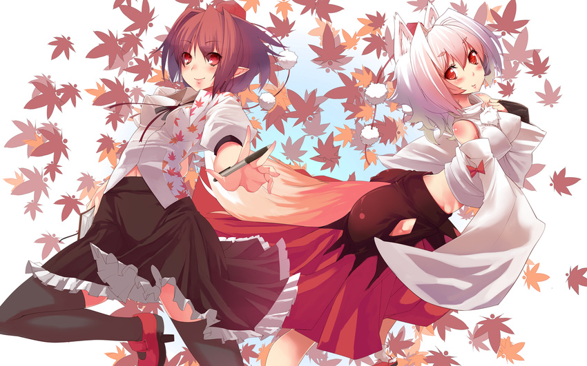 animal_ears black_legwear brown_hair detached_sleeves geta hat highres inubashiri_momiji mochiya multiple_girls pointy_ears red_eyes shameimaru_aya short_hair silver_hair tail tengu-geta thighhighs tokin_hat touhou wallpaper wolf_ears wolf_tail