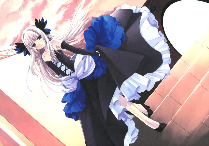 absurdres bare_shoulders blue_eyes blush dress dutch_angle elbow_gloves gloves gwendolyn head_wings high_heels highres long_hair miyasu_risa odin_sphere shoes smile solo strapless strapless_dress white_hair