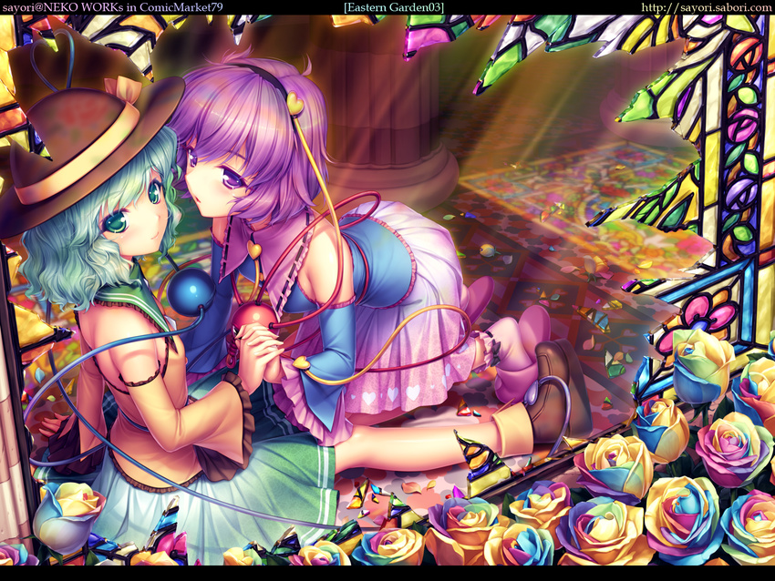 blue_flower blue_rose broken_glass detached_sleeves eyeball flower glass green_eyes green_flower green_hair green_rose hairband hat heart highres komeiji_koishi komeiji_satori md5_mismatch multicolored multicolored_rose multiple_girls pink_flower pink_rose purple_eyes purple_flower purple_hair purple_rose rose sayori short_hair siblings sisters stained_glass third_eye touhou wallpaper window yellow_flower yellow_rose