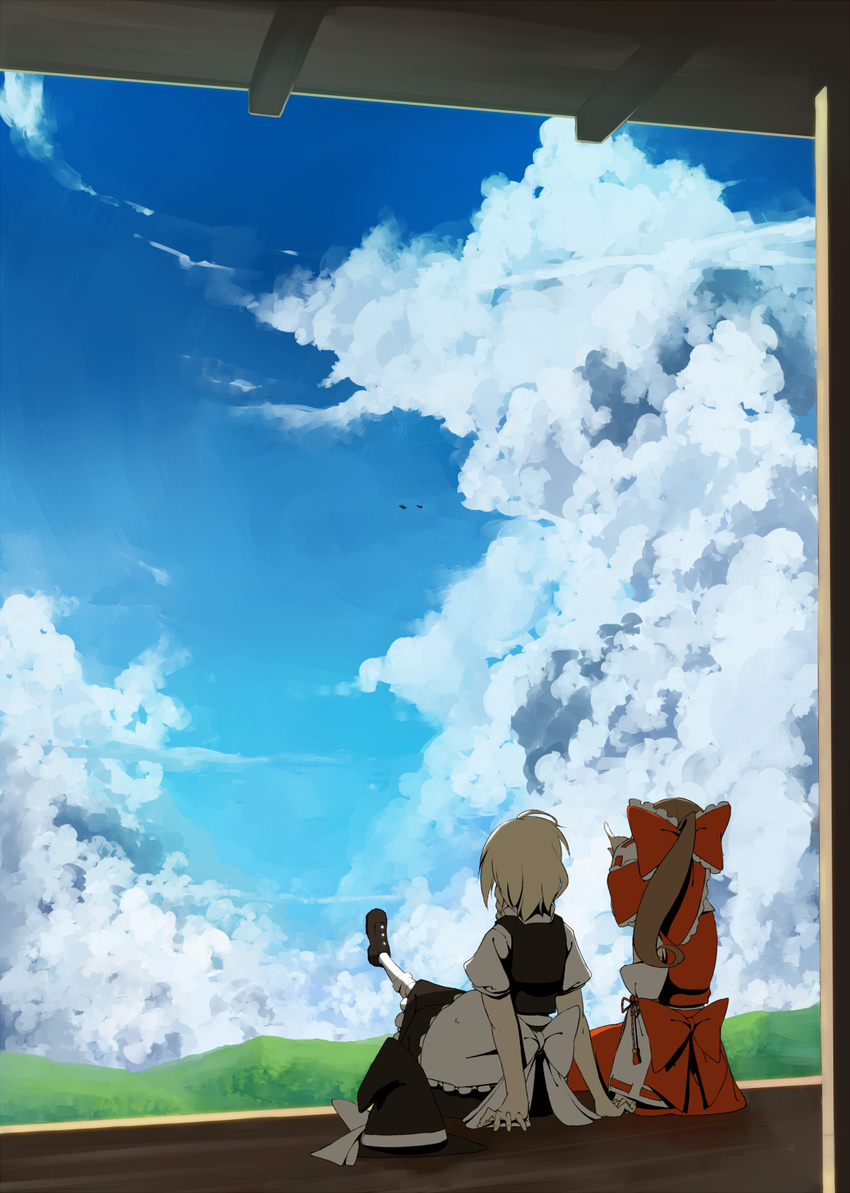 cloud day from_behind hakurei_reimu hat hat_removed headwear_removed highres holding_hands kirisame_marisa landscape multiple_girls pointing ryuu_(tsukinoyuki) scenery sitting sky touhou veranda