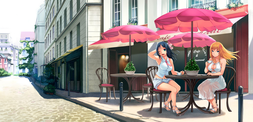 :d ankle_lace-up aqua_eyes blonde_hair blue_hair bosshi breasts cafe chair cleavage cleavage_cutout cobblestone cross-laced_footwear cup dress flower hair_flower hair_ornament hair_ribbon large_breasts legs multiple_girls necktie ojousama_wa_h_ga_osuki one_eye_closed open_mouth pavement reira_(ojousama) ribbon road sandals shade shorts siblings sisters sitting sleeveless smile street table tamaki_(ojousama) vanishing_point wind